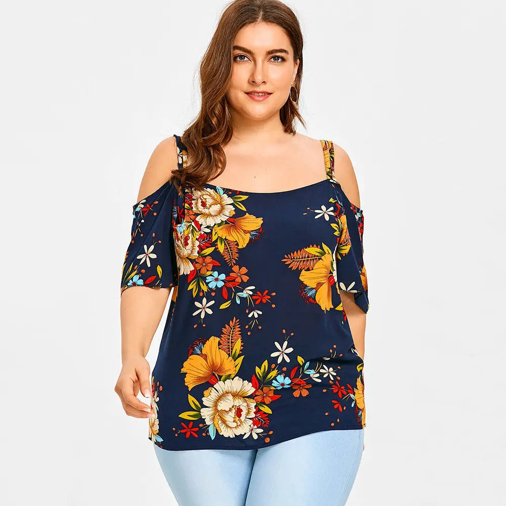 

Summer one-shoulder printing plus size women's off-shoulder short-sleeved suspender top with floral pattern printing top Chiffon