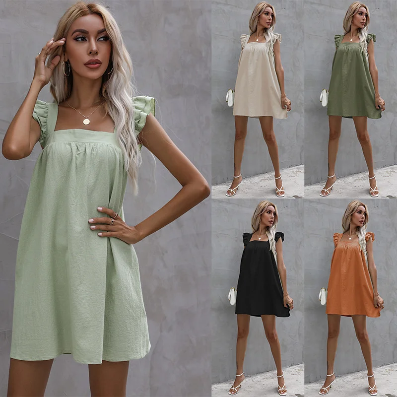 

2021 Women Summer Long Dress New Style Trend Solid Color Ruffle Suspender Fashion Dresses For Women