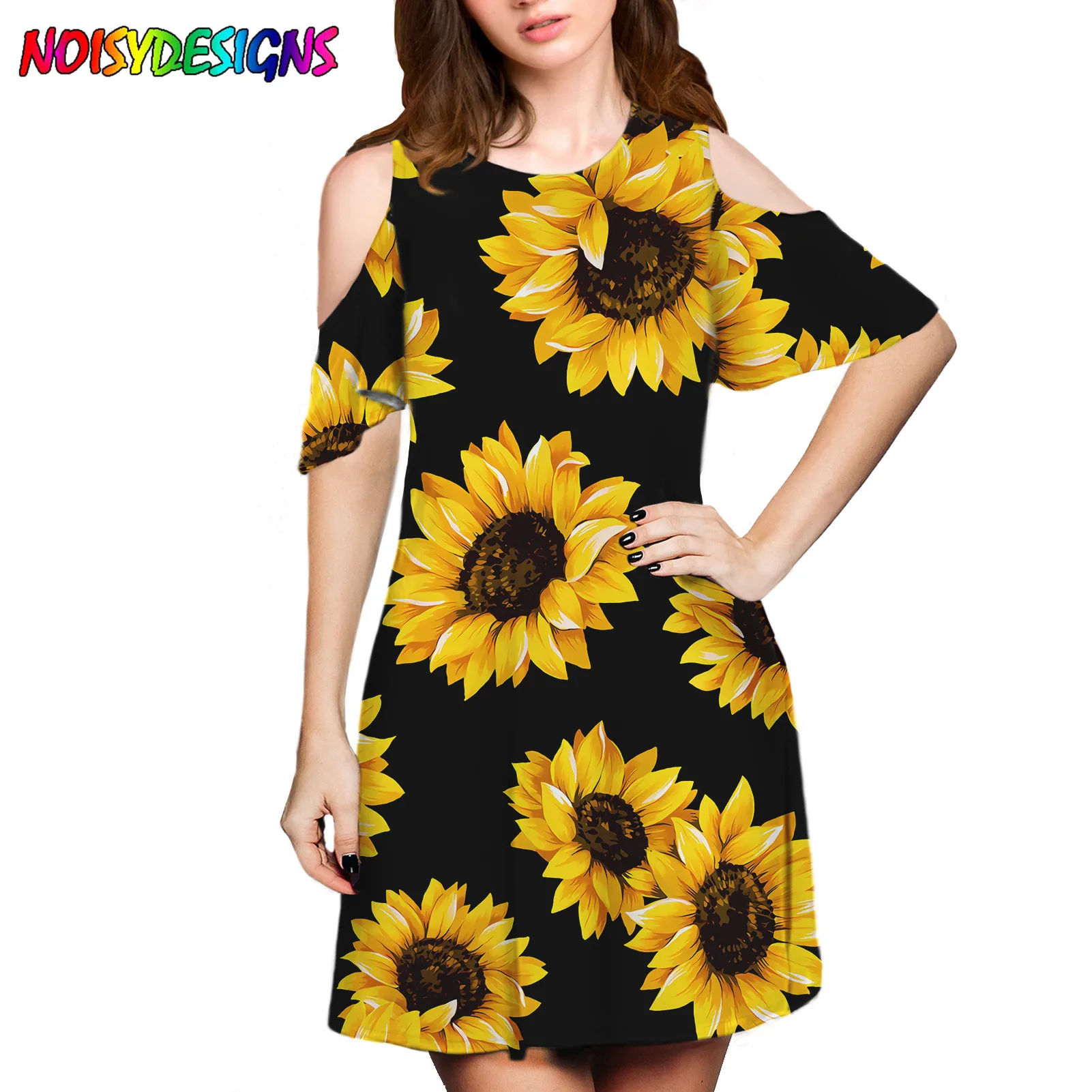 

NOISYDESIGNS 2021 Casual Dress Plus Size Yellow Sunflower Print Summer Dress Female Loose Short Dresses For Women Beach Femme