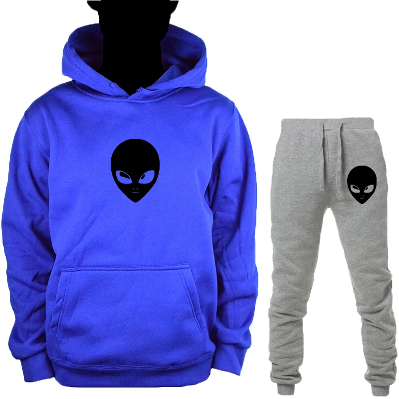 Blue-H-HuiK Alien толстовка с капюшоном+ брюки костюм для мужчин женщин осень зима пуловер Толстовка Топы с принтом по всему миру спортивный костюм повседневная одежда - Цвет: Blue-H-HuiK