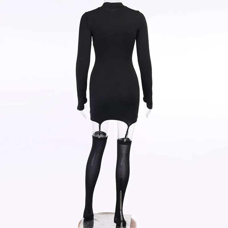 

2021 Fashion Hot Slim Solid Bodycon Garter Women Mini Dress with Stocking Long Sleeve Sexy Clubwear Skinny Party Dresses Autumn