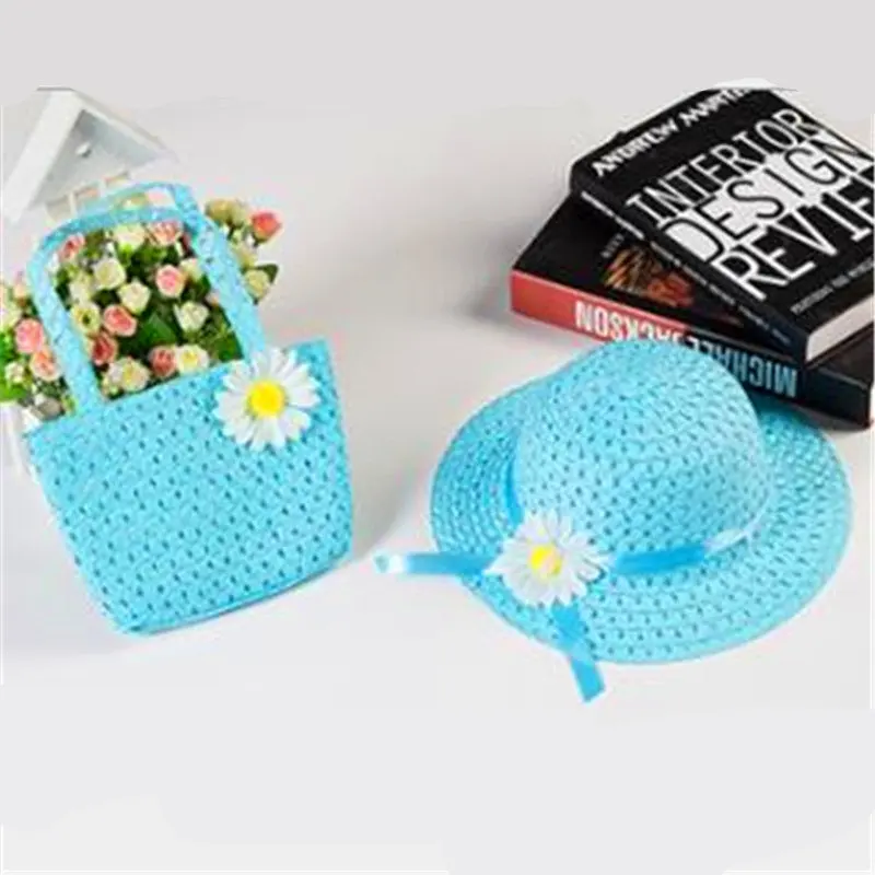 Blue cap plus bag Новые летние детские соломенные шляпы, красочные цветы, милый стиль принцессы, кепки для кавайных девочек, пляжная шляпа от солнца - Цвет: Blue cap plus bag