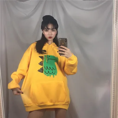 yellow3622 Весенние толстовки с капюшоном в стиле Харадзюку, женские повседневные Свободные флисовые Топы с капюшоном и принтом динозавра из мультфильма, милая одежда больших размеров для студентов - Цвет: yellow3622
