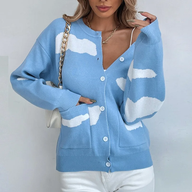 

Женский вязаный кардиган с карманами, модный однобортный свободный свитер для офиса, осень 2021