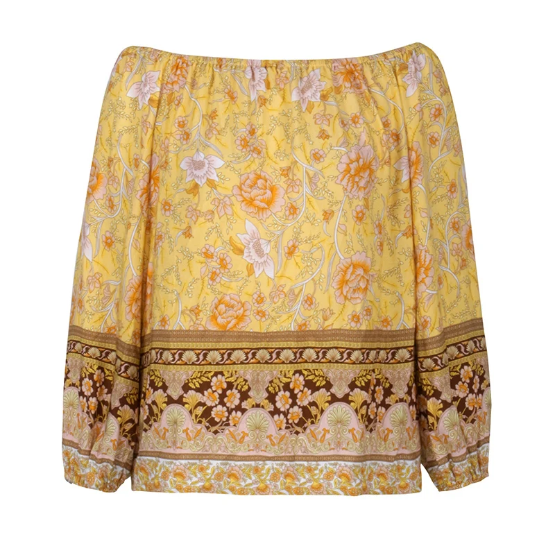 

Summer Vintage Style Printed Long Sleeve One-neck Blouse Top Casual Street Sexy Strapless Loose Slim Elegant Shirt