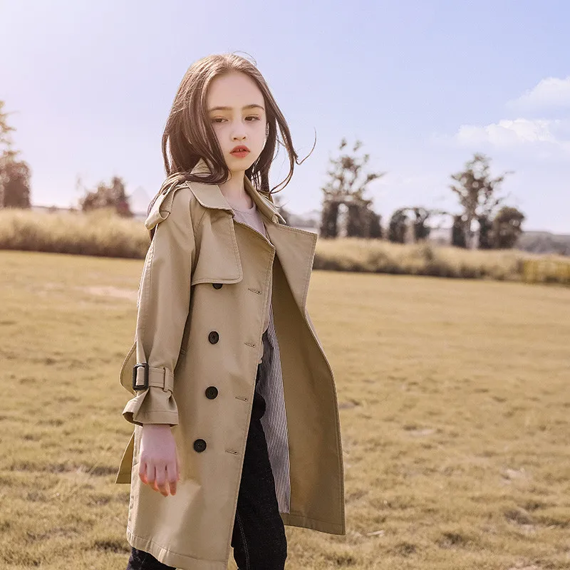

Girl Trench Coat 2020 Autumn Winter Belt Double-breasted Kids Trench Coat Fashion High-grade Teenage Long Windbreaker 10 12