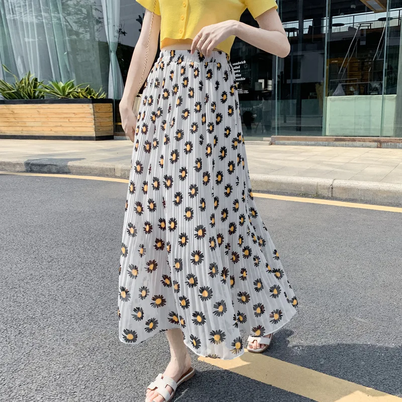 

2021 Spring Summer New Female Pleated Chiffon High Waist Skirts Loose Comfortable Little Daisy A-line Skirt Women Krean Harajuku