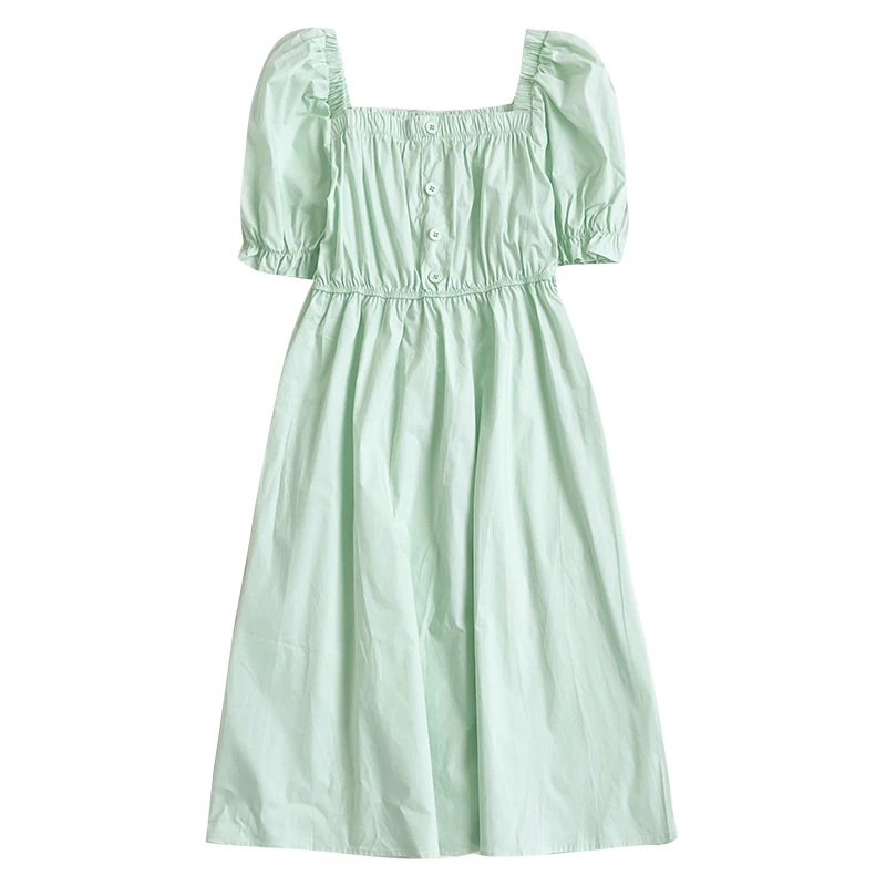 

ZAWAHIKI Korean Fresh Sweet Dress Women Summer Square Collar Puff Sleeve Breasted Design High Waist Solid Dress A-line Vestidos
