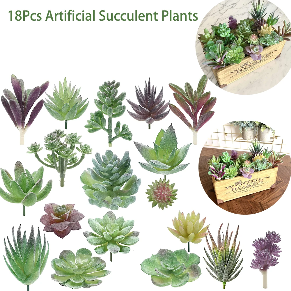18 Pcs Artificial Succulent Plants Premium Fake Mini Flocking Realistic Cactus Lotus Landscape Garden Unpotted Desktop Decor
