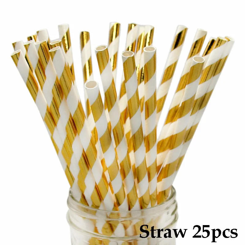 Straw 25pcs Белые одноразовые столовые приборы, вечерние, золотые, бумажные тарелки, стакан с соломинкой, для первого дня рождения, вечеринки, свадьбы, декор для детей, детские вечерние принадлежности - Цвет: Straw 25pcs