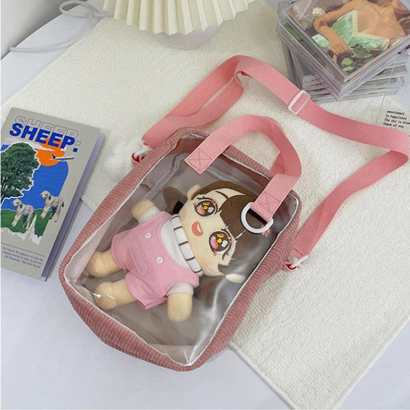 Corduroy Crossbody Bag Women Embroidery Bear Transparent Cute Messenger Bags Japanese Style Solid Casual Handbags Female WY395