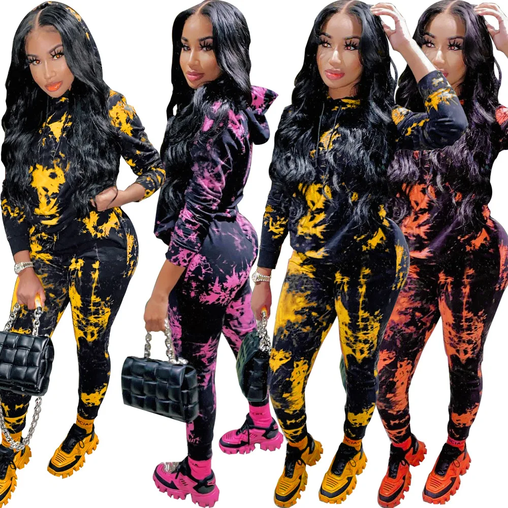 

Fall Winter Tracksuit Women Sets Tie Dye Printed Hoodies Sweatshirt And Sweatpants Jogger Trousers Sportswear Suit Streetwear