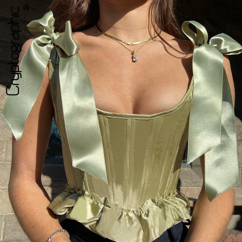 

Женский топ на бретелях, Летний зеленый однотонный топ без рукавов, с бантом, элегантный, шелковистый, обрезанный корсет