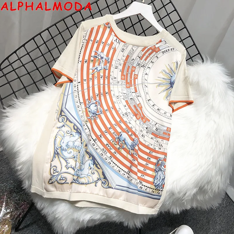 

Женская шифоновая футболка ALPHALMODA, с принтом в европейском стиле пэчворк, с круглым вырезом и короткими рукавами, Свободный пуловер, топы для женщин