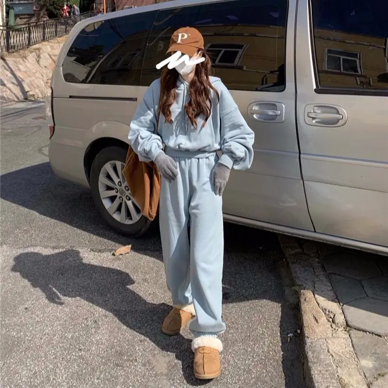 Winter Fleece Warm Tracksuits Setup 2021 Woman Casual Short Hoodie Pullover With Loose Harem Pants Trousers Two-Piece Set |