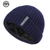 new classic mens hat winter labelstriped mens skull cap plus velvet men and women knit hats outdoor warm winter mens peas