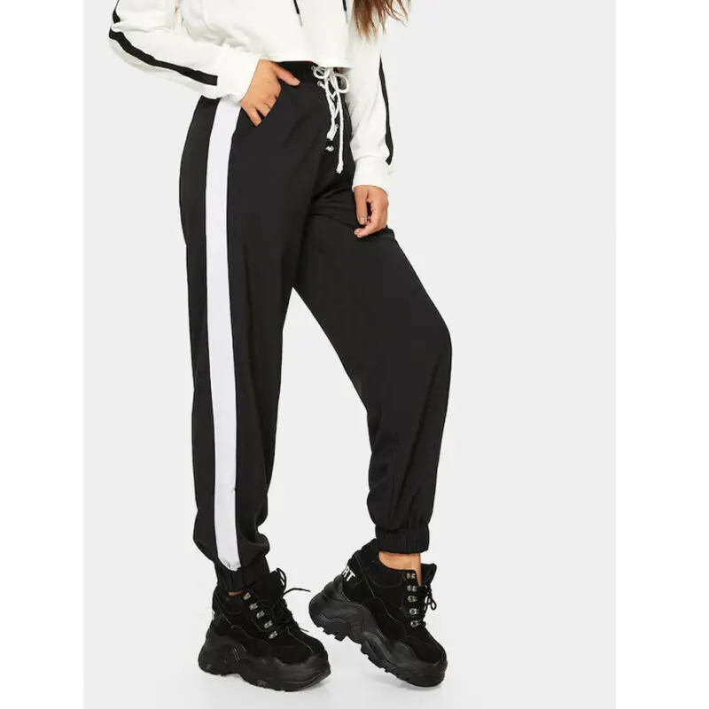 Женские повседневные осенние черные свободные полосатые спортивные брюки