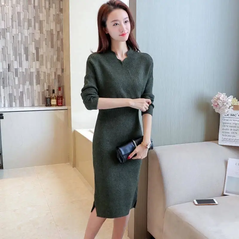 

Autumn and winter women's fit V-neck knitted sweater dress, female intellectual elegant pullover dress, knitted skirt