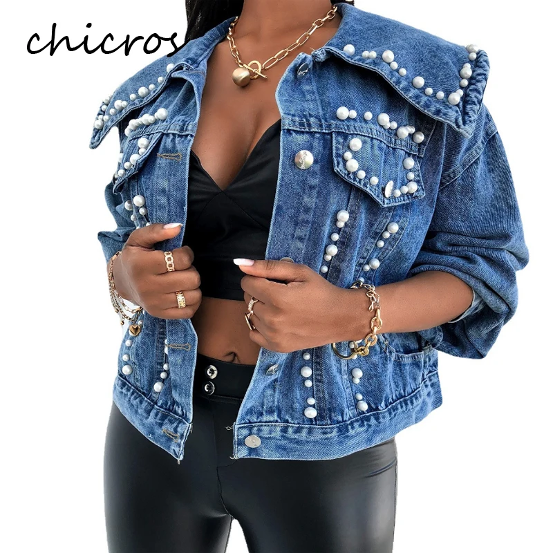 

Куртка джинсовая Chicros женская с жемчужным воротником, свободная универсальная куртка темно-синего цвета, для весны и осени