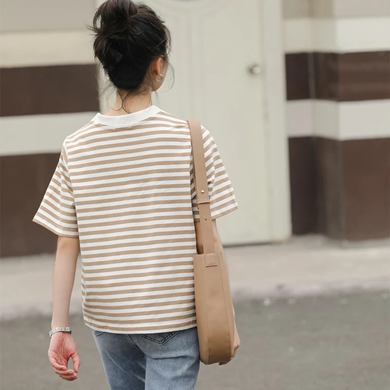 

HWLZLTZHT Casual Striped T Shirt Women O Neck Loose Tshirt Female Short Sleeve Basic Ladies Tops Work Wear Cotton Tee Shirt
