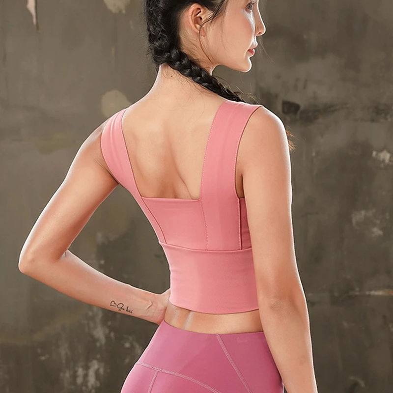 Padded Wide Shoulder Strap Pink Sports Bra Push Up Medium Impact Yoga Workout Band Running Gym Activewear Tank Top | Спорт и