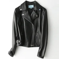 2021 spring black genuine leather short sheepskin turn down collar long sleeves zipper slim motorcycle leather jacket for women