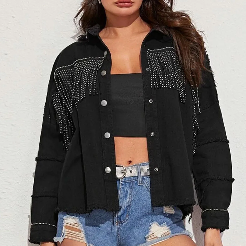 

Tassel Burrs Solid Color Denim Jacket Women 2021 Autumn Winter New Fashion Temperament Beading Single-breasted Loose Casual
