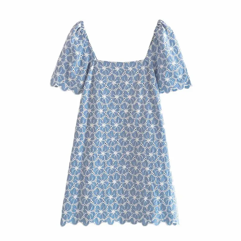 

Женское мини-платье с вышивкой Za, летнее платье с коротким пышным рукавом, ажурное синее офисное платье, женские платья с вышивкой на молнии ...