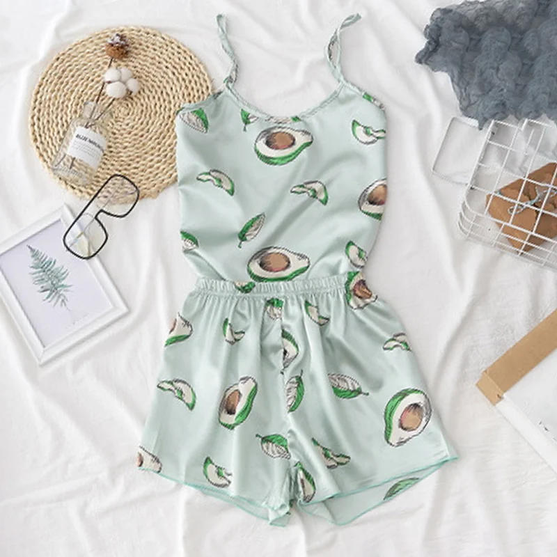 

Sexy women's pajamas, sleeping set with two pieces of nightgown and avocado, of silk for women
