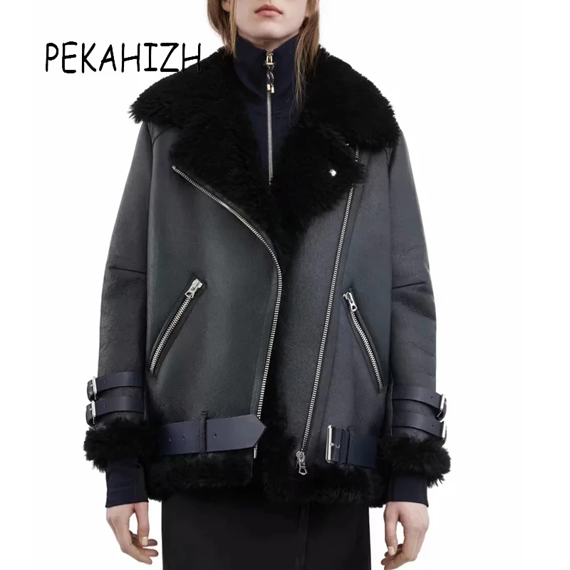 

Куртка женская из искусственной кожи, байкерская куртка с длинным рукавом и искусственным мехом, уличная одежда, мотоциклетное пальто на мо...