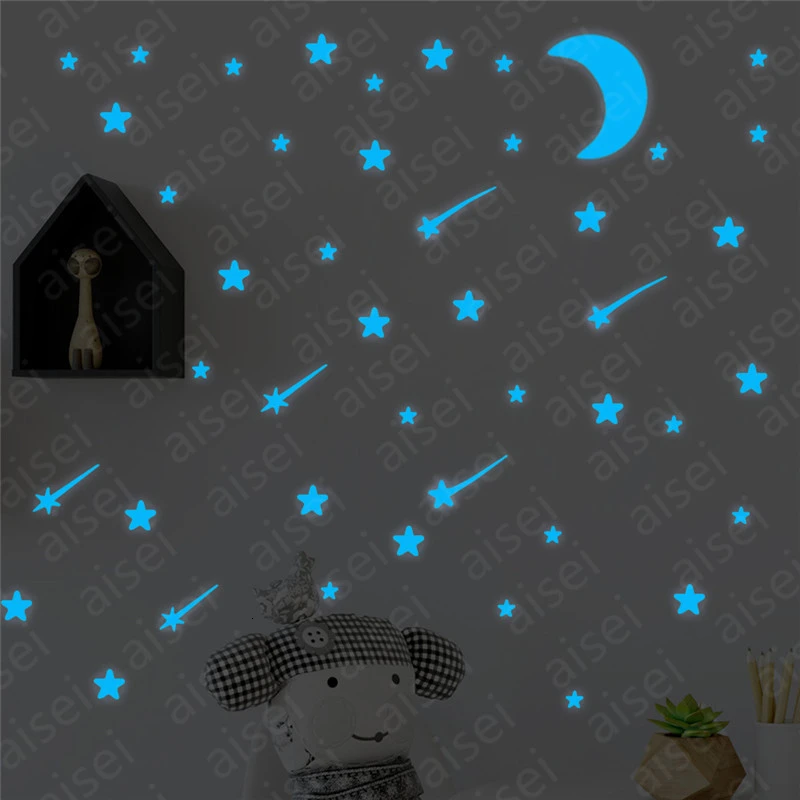 Фосфоресцентная наклейка Звезда и Луна 1 шт.|Наклейки на стену| |