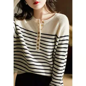 Autumn and Winter Women Striped Wool Blend Sweater O-Neck Sailor Pullover Cashmere Sweater Slim Knit