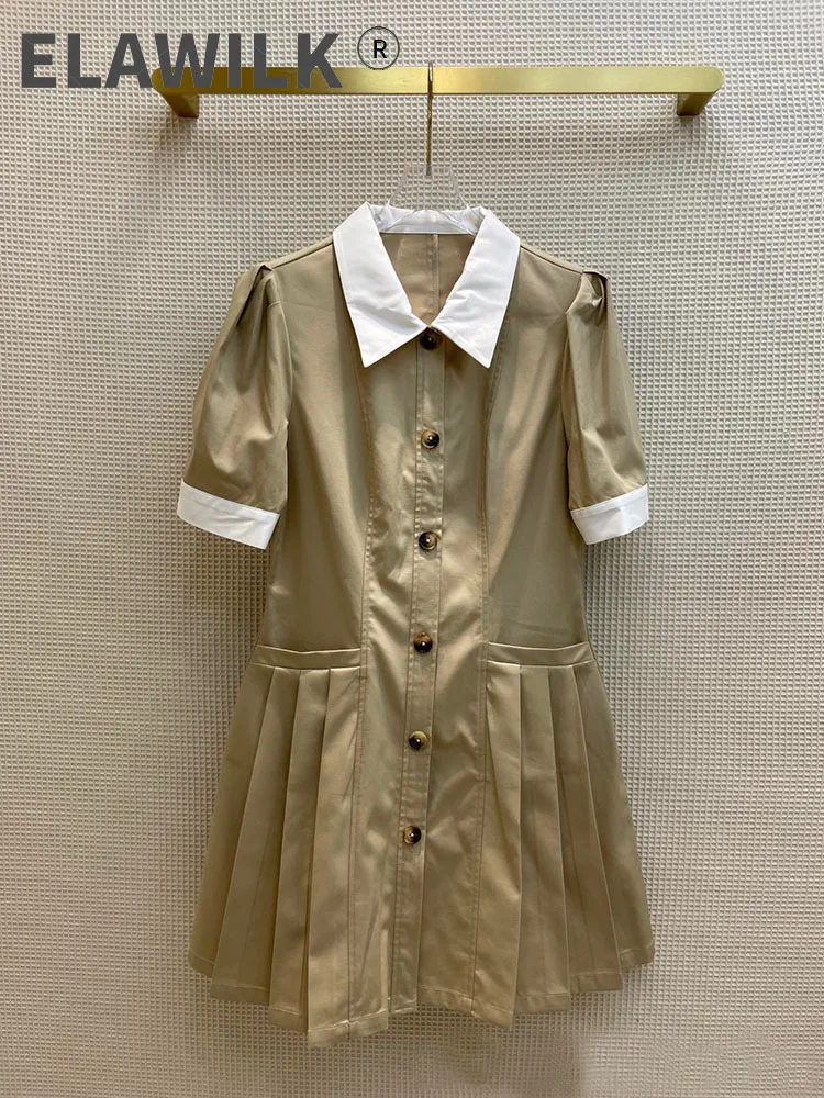 

Office Khaki Dress Women High Quality White Lapel Short Sleeve Big Hem Pleated Dress Luxury Brand Slim A-line Dress Autumn 2021