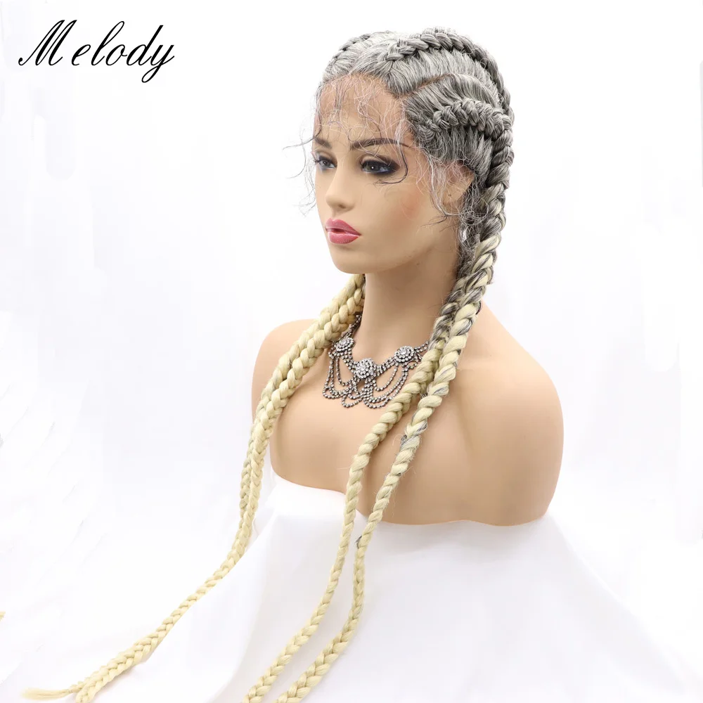 

Wine Red Super Long Burgundy Braided Wig Mixed Hair Highlight Big Braiding Synthetic Lace Front Wig with 4 Braids for Women