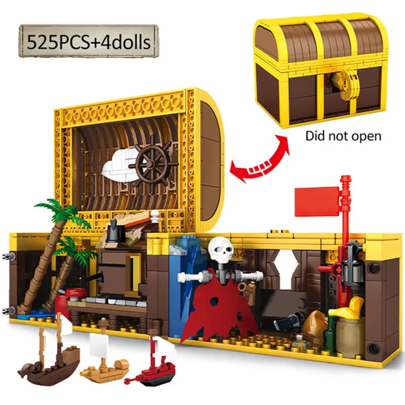 525Pcs Pirate Treasure Chest Box Ship Building Blocks Island Adventure Bricks Educational Toys For Children Kids