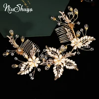 niushuya wedding headdress pearl hairband gold flower handmade headbands hairstick bride hair jewelry hair comb