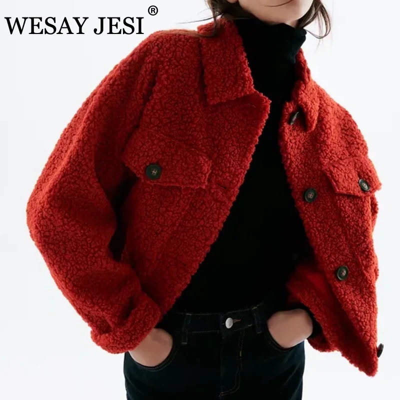 

WESAY JESI Women's Winter Jacket Za Fashion Vintage Faux Fur Solid Casual Warm Coats Single Breasted Soft Outerwear Chic Tops