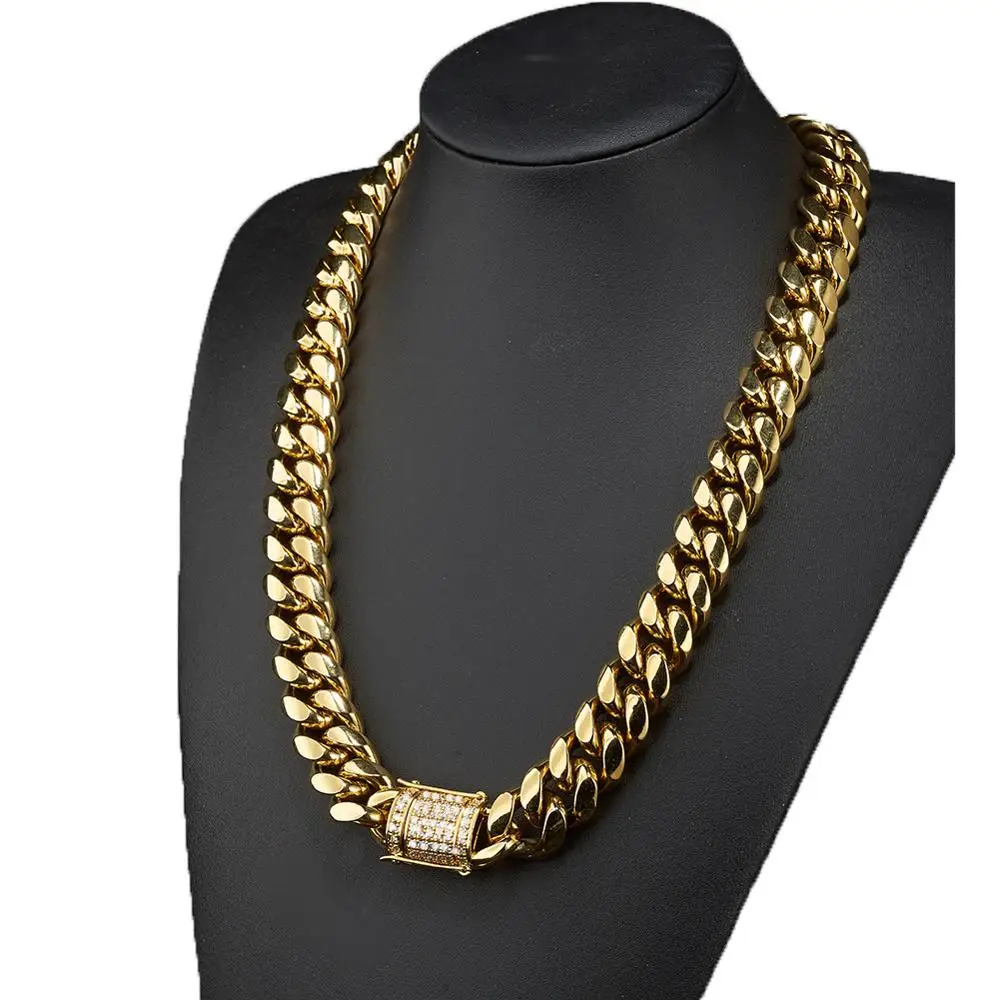 6-18mm wide Stainless Steel Cuban Miami Chains Necklaces CZ Zircon Box Lock Big Heavy Gold Chain for Men Hip Hop Rapper jewelry images - 6
