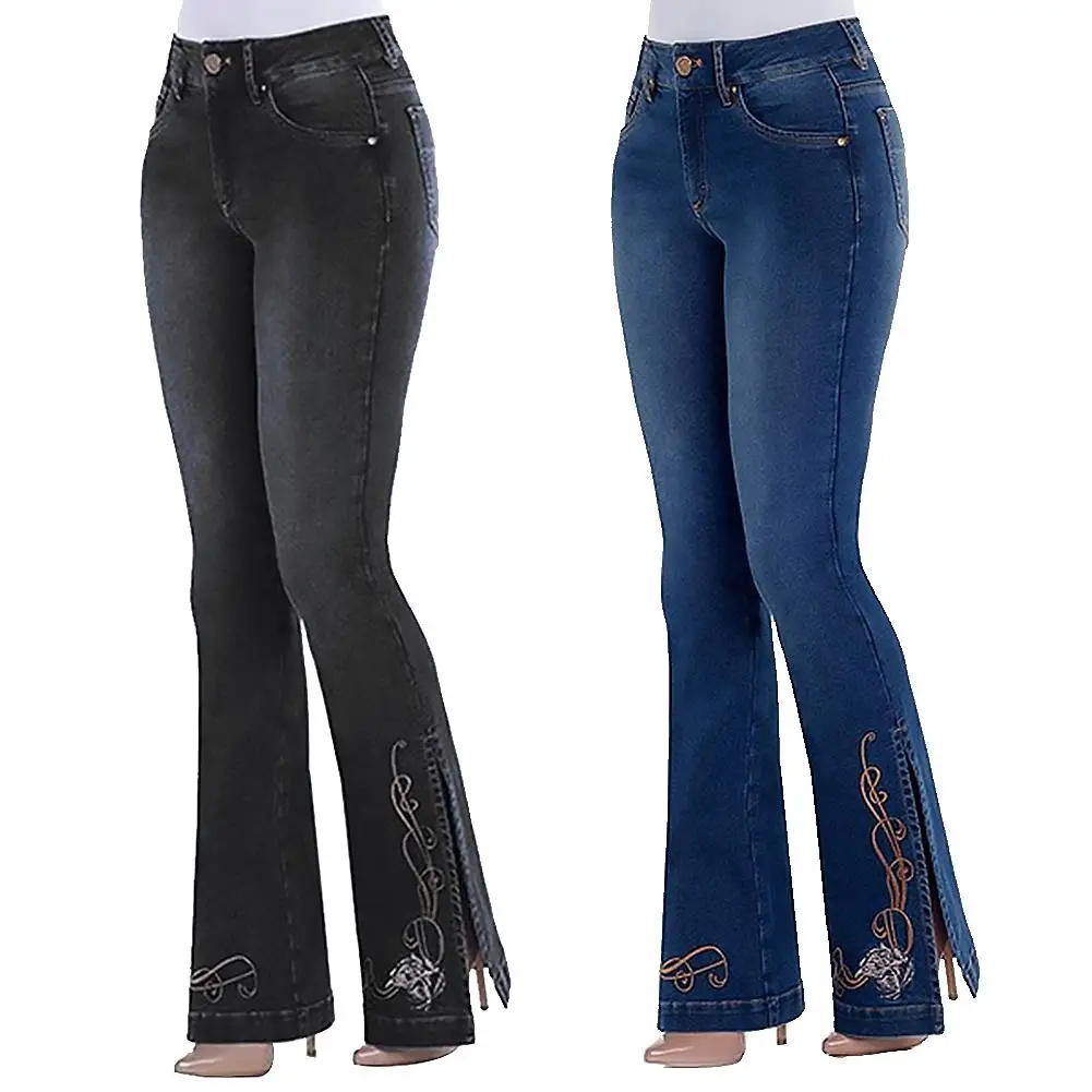 Женские хлопковые винтажные джинсы клеш из полиэстера с Боковым Разрезом