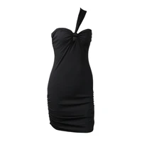 summer women sleeveless sexy single strap one shoulder drawstring chest wrapped mini dress solid color office ladies clothing