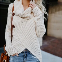turtleneck solid knited sweaters for women korean plus size irregular hem buttons sweater winter fashion loose pullover tops