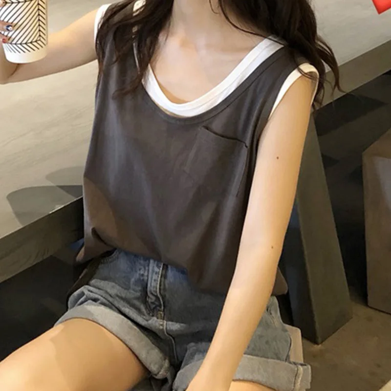 

Ins 2021 Summer Women's Faux Two Pieces Sexy Elastic Cotton Camis Sleeveless Short White Tank Top