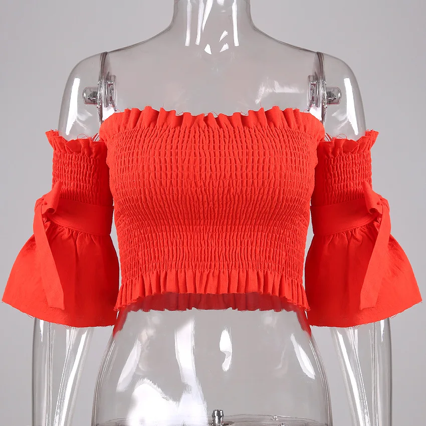 Сексуальный вязаный с открытыми плечами футболка Женские Короткие топы 2019 осень