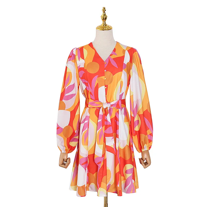 

Tide brand temperament sexy season new v-neck fashion lantern sleeve strap printed dress women's clothing