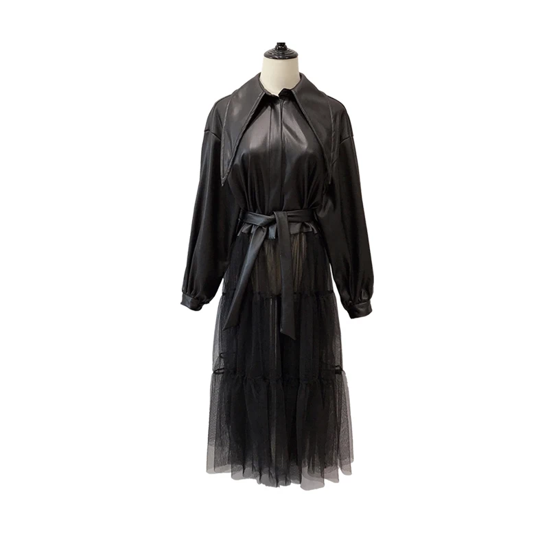 

ZCWXM New Spring Women Faux Soft Leather Jackets With Belt Black Long Mesh Gauze Patchwork Fashion Pu Leather Jacket Outerwear