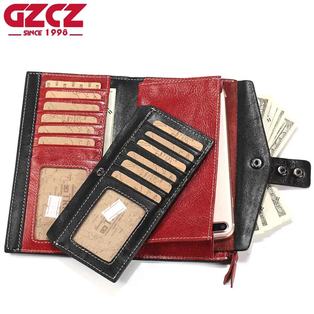

GZCZ Cell Phone Pocket Women Wallet Long Design Red Hasp&Zipper Lady Chinese Style Genuine COW Leather Clutch Wallets Coin Purse