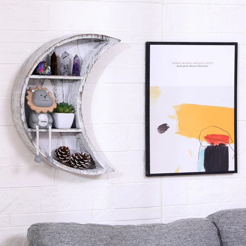Wall Hanging Wooden Moon Wall Shelf 3 Tier Crescent Phase Display Shelves Wall Decor Hanging Storage for Living Room