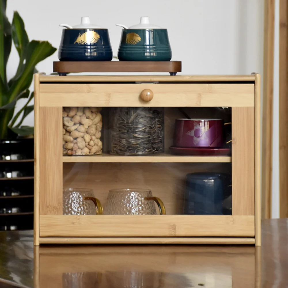 

1Pc Bamboo Bread Box Double Layer Storage Bin Home Kitchen Food Container