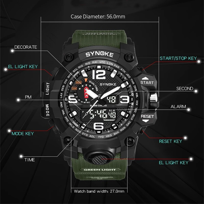 

SYNOKE Shockproof Waterproof Watch Shock Military Quartz Watch Male 2019 Resistance To Falling Running Seconds uhren digital