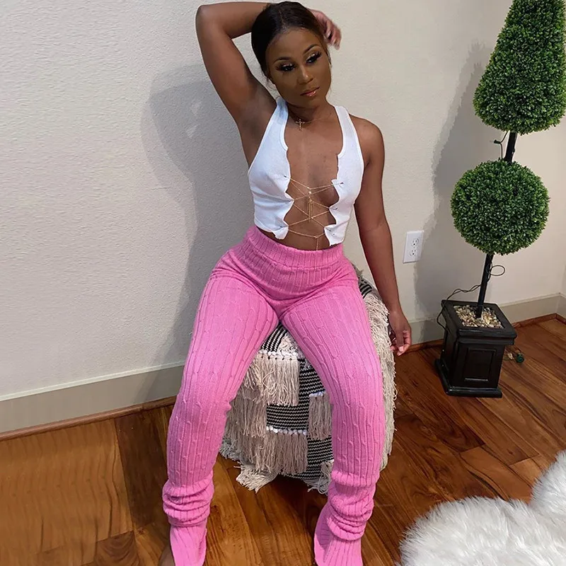 

2020 Sexy Women Knitted Winter Warm Fall Pants Trousers High Waist Flared Pants Split Bodycon Slim Solid Floral Pants